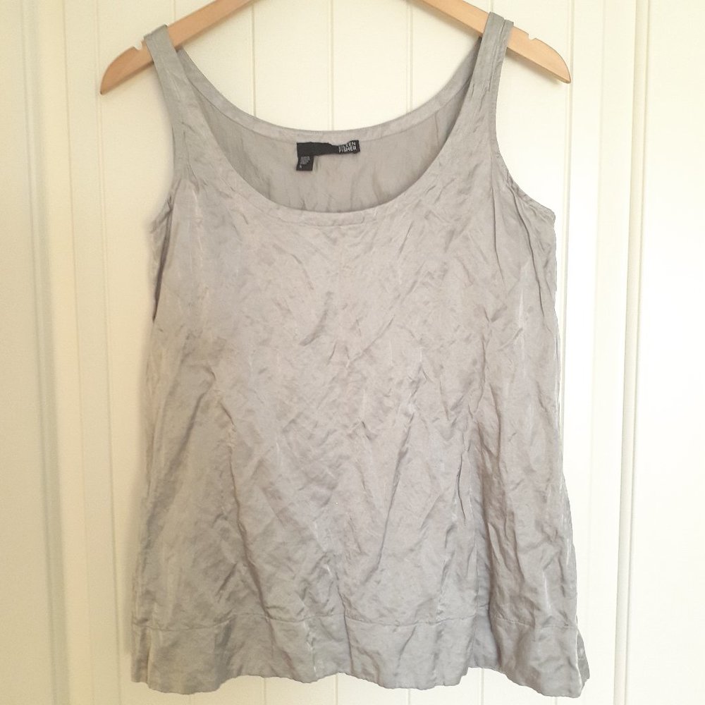 Eileen Fisher Rumpled Steel Satin Silver Scoop Neck Tank Top Size S